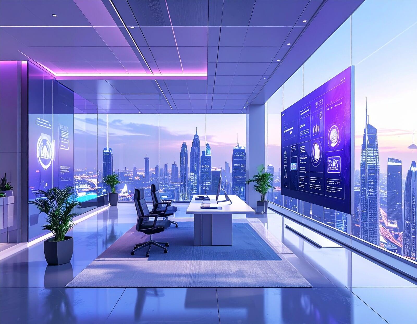 A futuristic digital agency concept representing the best web design company in Dubai. Floating website interfaces, responsive web layouts, UIUX elements, SEO icons, and branding visuals integrated into a smart office environment. Dubai city skyline in the background, modern architecture, creative professionals collaborating, elegant purple and blue color palette, high-tech, premium corporate style, photorealistic, sharp focus, wide angle.